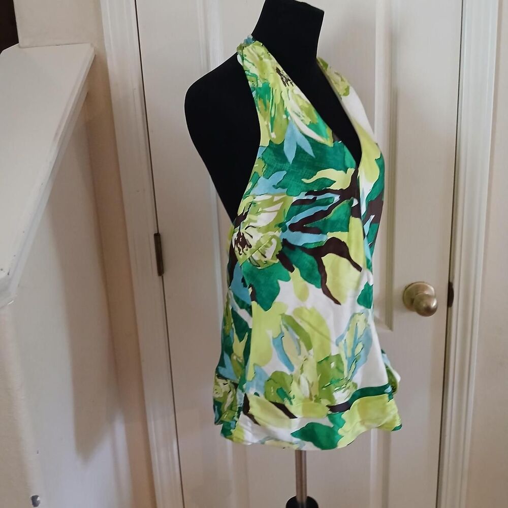 Y2K Vintage Banana Republic 100% Silk Abstract Tropical Halter Top L Old Money - Picture 2 of 8